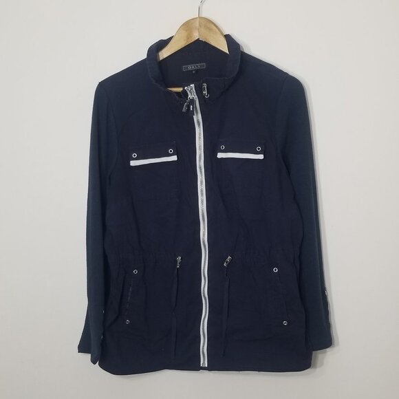 Orly Navy Blue Cotton Blend Knit Sleeve Zip Front Pockets Drawstring Jacket 12 - Picture 1 of 12